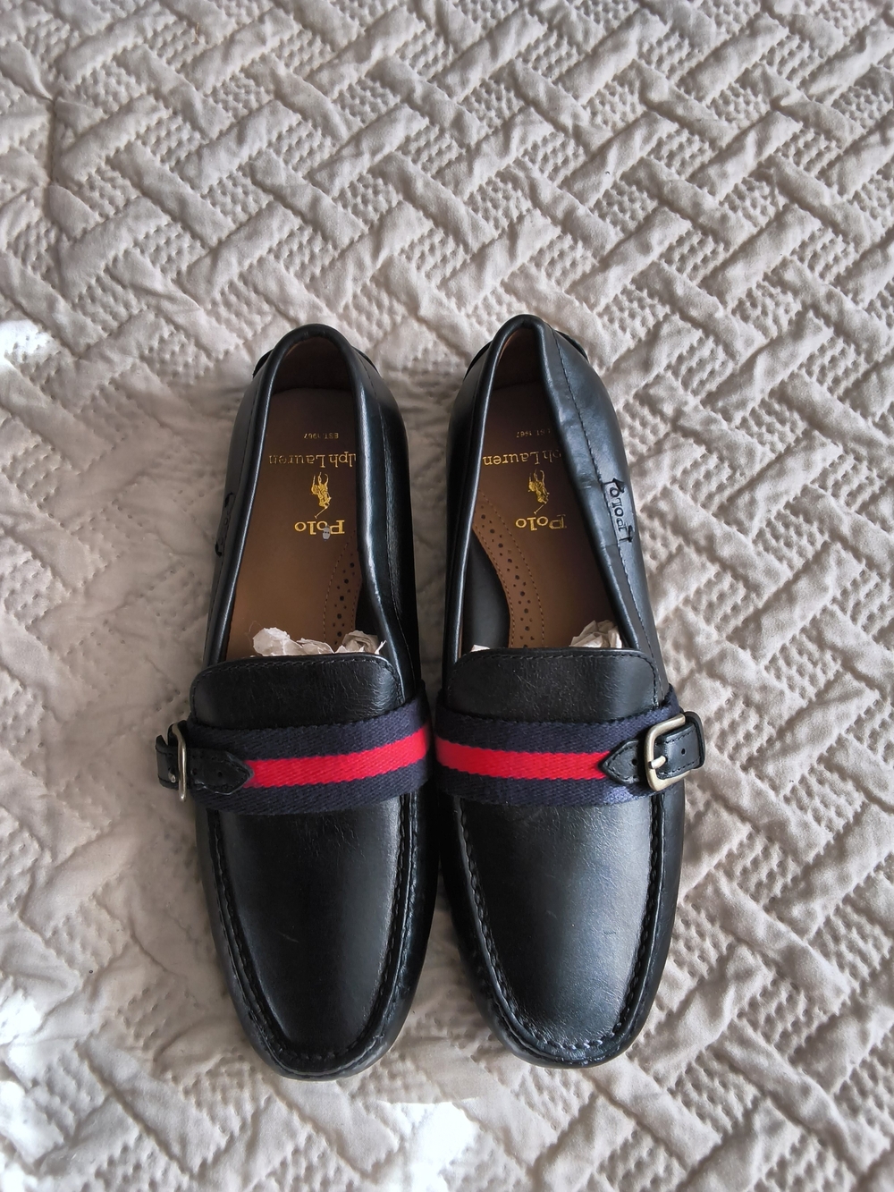Polo by Ralph Lauren Black Leather Loafers with Red & Navy Webbing